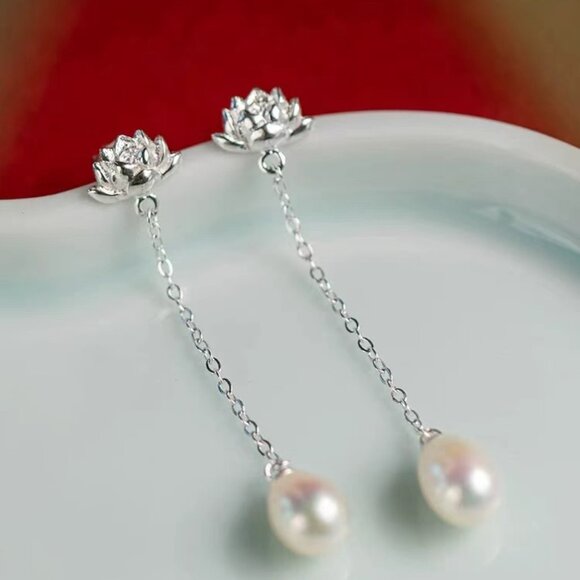 Genuine Freshwater Pearl Earrings Studs 925 Sterling Silver Long Earrings - Picture 3 of 9
